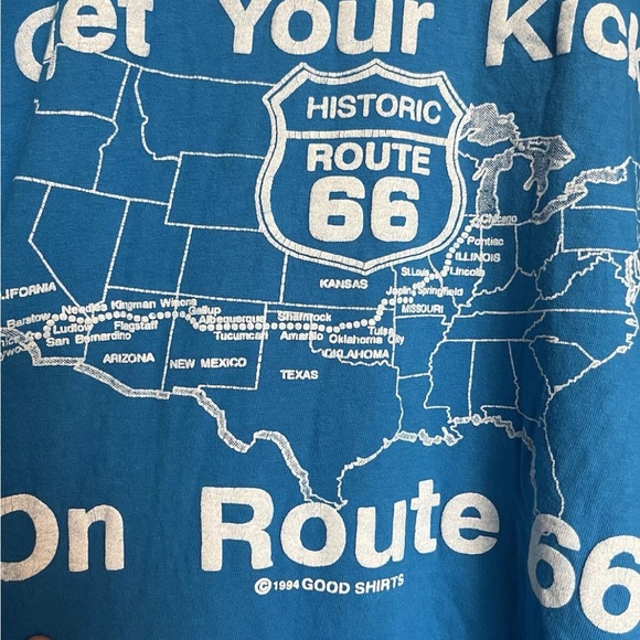 Vintage 1994 Get Your Kicks Route 66 Blue White Tourist Pocket T Shirt - Picture 12 of 14